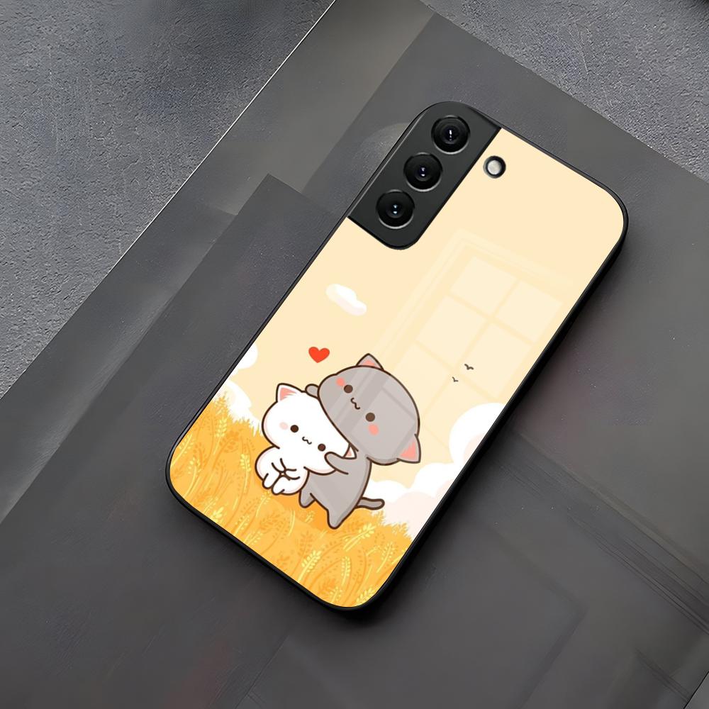 

Fun Cartoon Peach Mochi Cat Phone Case Glass For Samsung Galaxy S23 S24 S21 S25 S22 S20 Ultra Fe Plus A55 A15 A14 Coque Samsung S21 Ultra