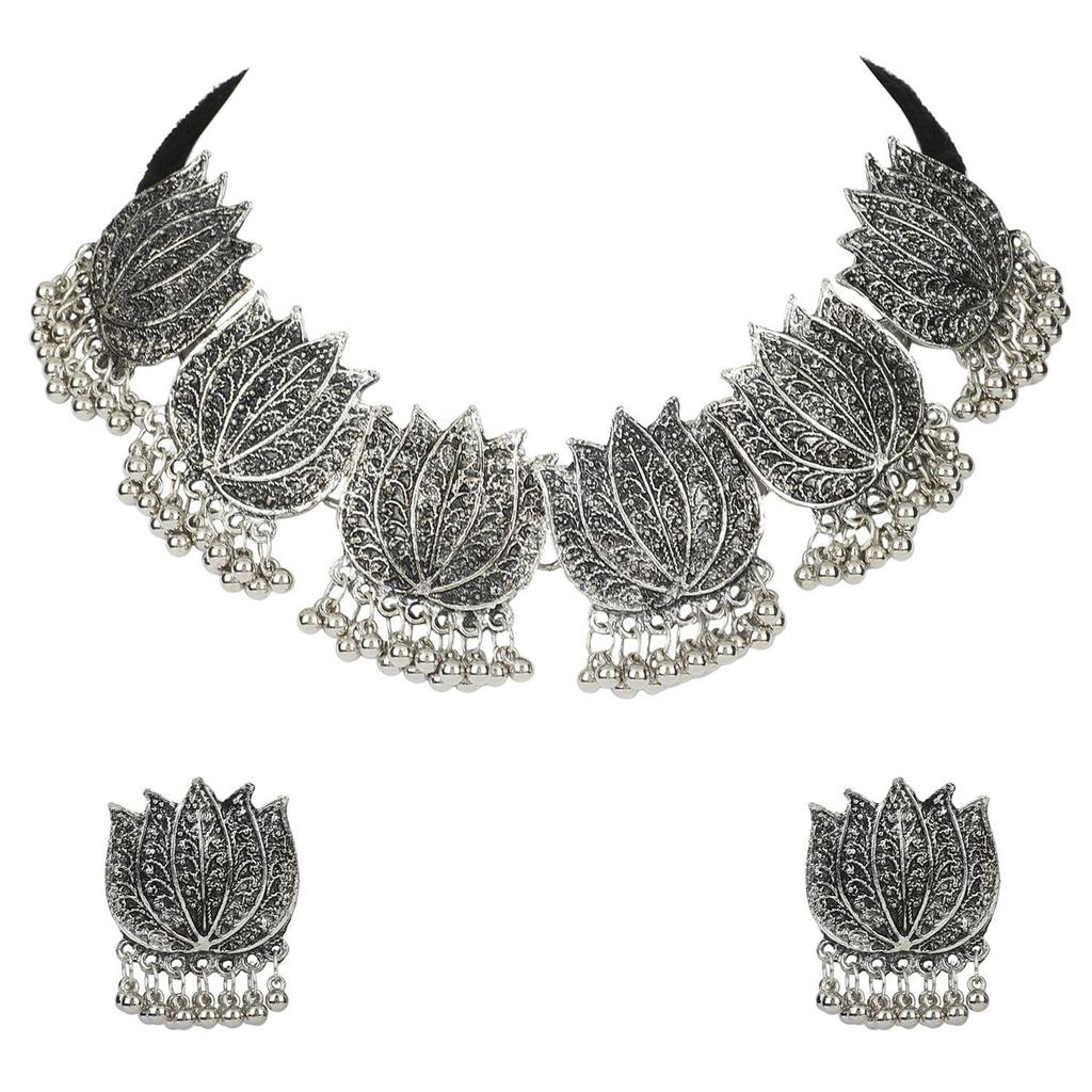 Shining Diva Fashion Latest Stylish Fancy Oxidised Silver Tribal Choker Necklace Jewellery Set for Women
