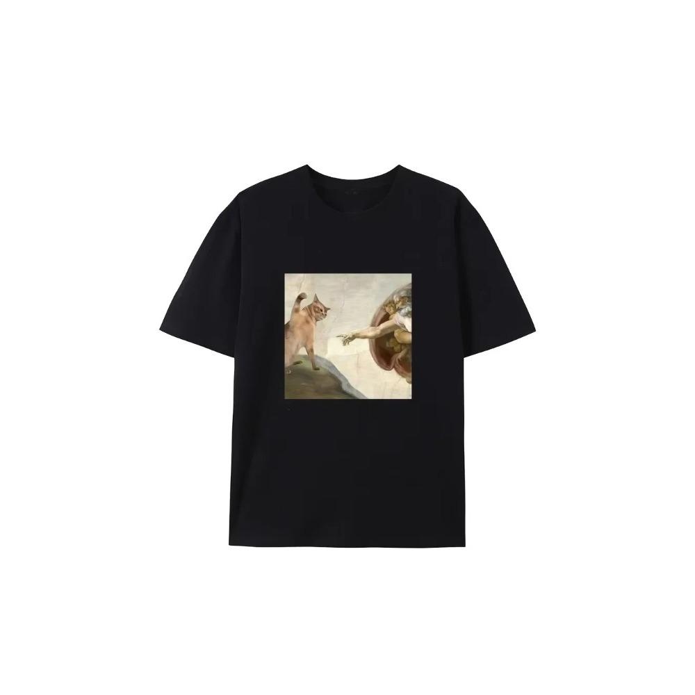

Humorous Cat and Adam Create Imitation Pattern Tshirt Casual Round Neck Tshirt Womens Short Sleeve Summer Casual Fashion Top S
