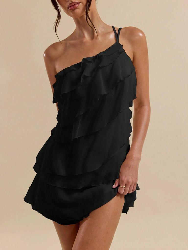 French One-Shoulder Halter Ruffle Dress: Solid Color, Open Back, Short Skirt, Sexy Cake Design