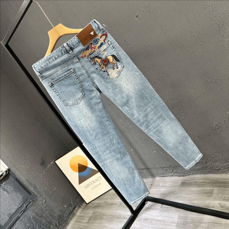 High-end light luxury printed jeans men's slim-fitting small feet European trendy brand casual versatile summer thin elastic trousers