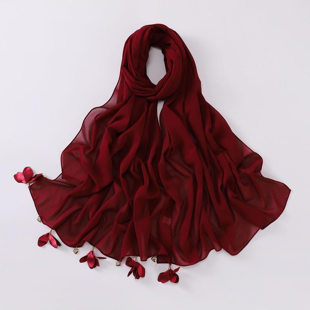Handmade Alloy Love Flower Chiffon Hijab Beads Scarves Plain Shawls Women Sunscreen Headscarf Head Wrap Hijabs Ramadan Turban