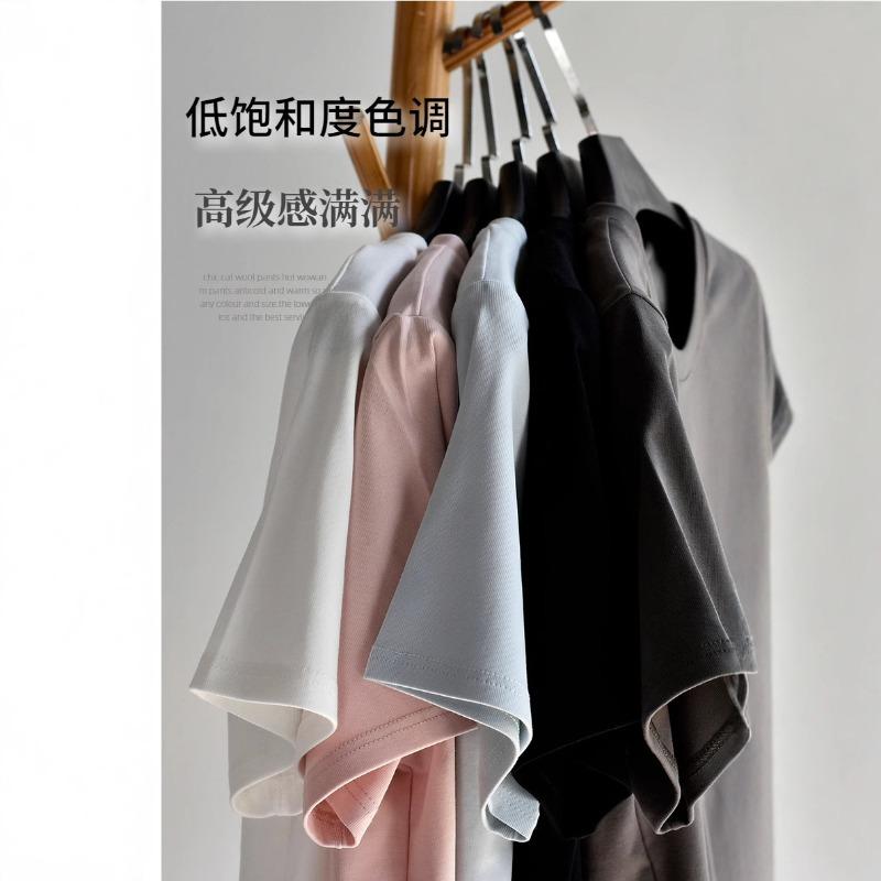 [Thick cotton T-shirt] Two long women's 26 summer new front shoulder white heavy cotton round neck short-sleeved T-shirt
