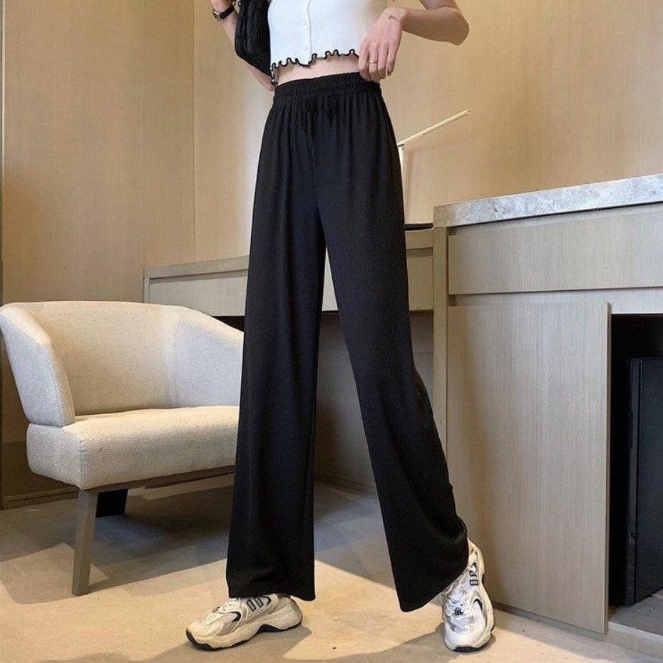 Black straight-leg pants for female students, petite girls, spring/summer new cropped pants, Korean style casual drape slimming wide-leg pants