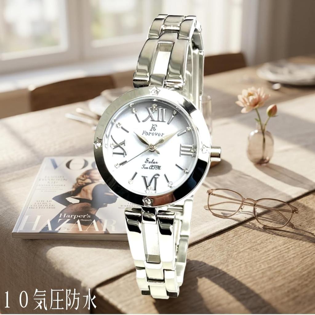 Solar 10 ATM Water Easy Strap Adjustment Tools Bracelet Japanese Solar Date Perfect White Roman Dial Ladies' Watch, Resistant, (No Required!),