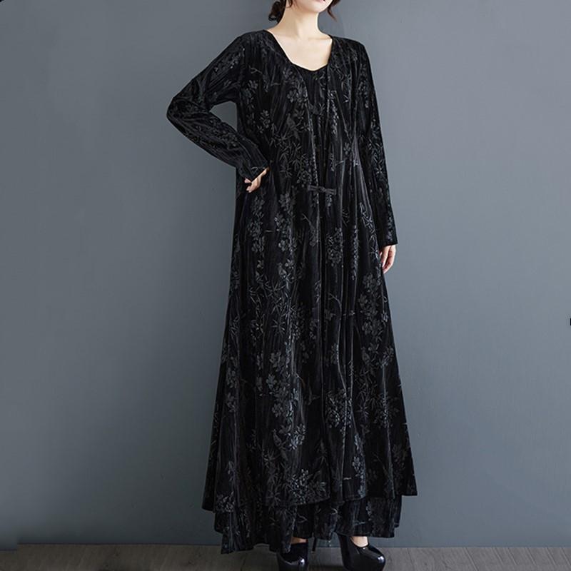 Long Sleeve Plus Size Black Vintage Floral Casual Loose Autumn Spring  Jacket Coat for Women Outerwear