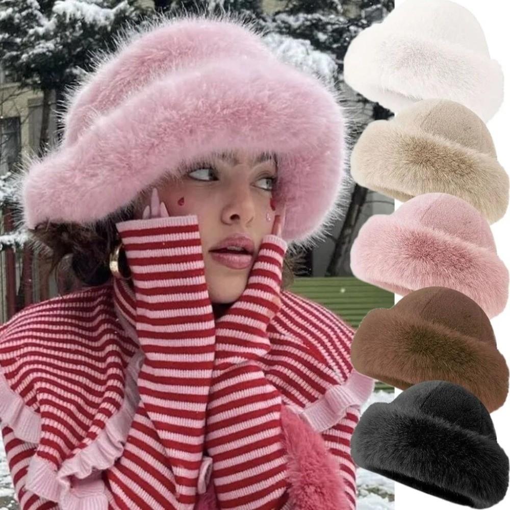 New Fluffy Fur Winter Hat Solid Color Thicken Bucket Hat Cold Windproof Fisherman Hat for Women Girls