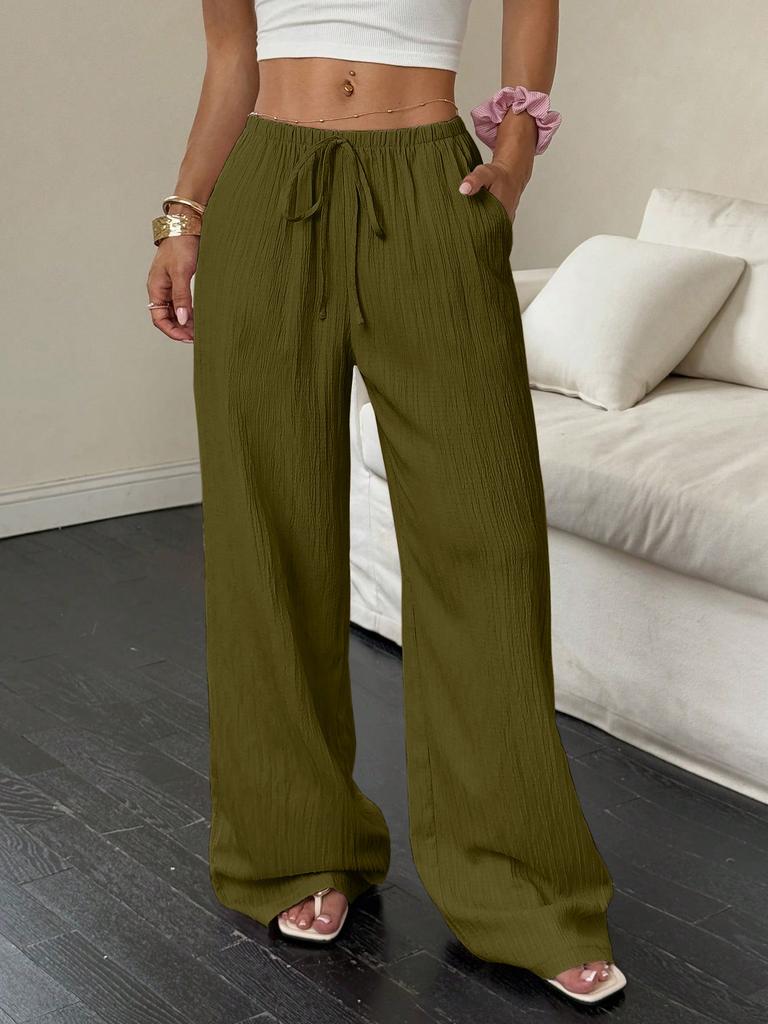 Beige Pleated Wide Leg Drawstring Pants