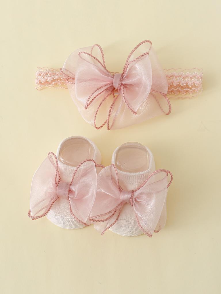 2 Pieces/Set Toddler Lace Bows Elastic Headband and Anti-Slip Cotton Socks, Newborn Baby Girls Socks Hairband Set Infant Headwear