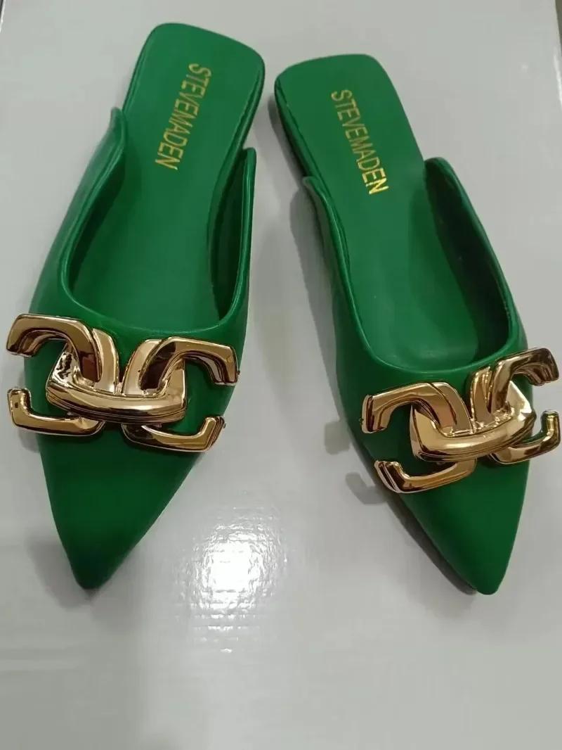 

2024 Модные женские тапочки с закрытым носком, весна-осень, с острым носком, с неглубокими металлическими украшениями, на плоской подошве, повседневные, удобные тапочки 36