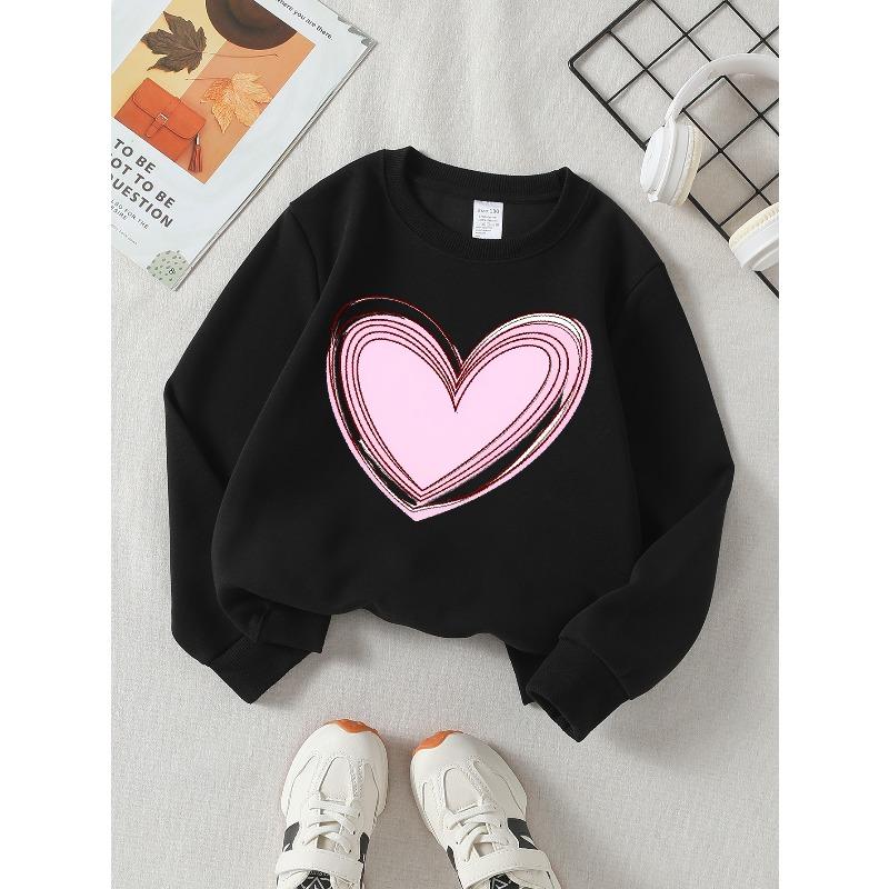European Sizes Girls' Soft Crewneck Sweatshirt Pink Heart Pattern Design, Casual All-Match for Fall Winter, Ideal Holiday Present.
