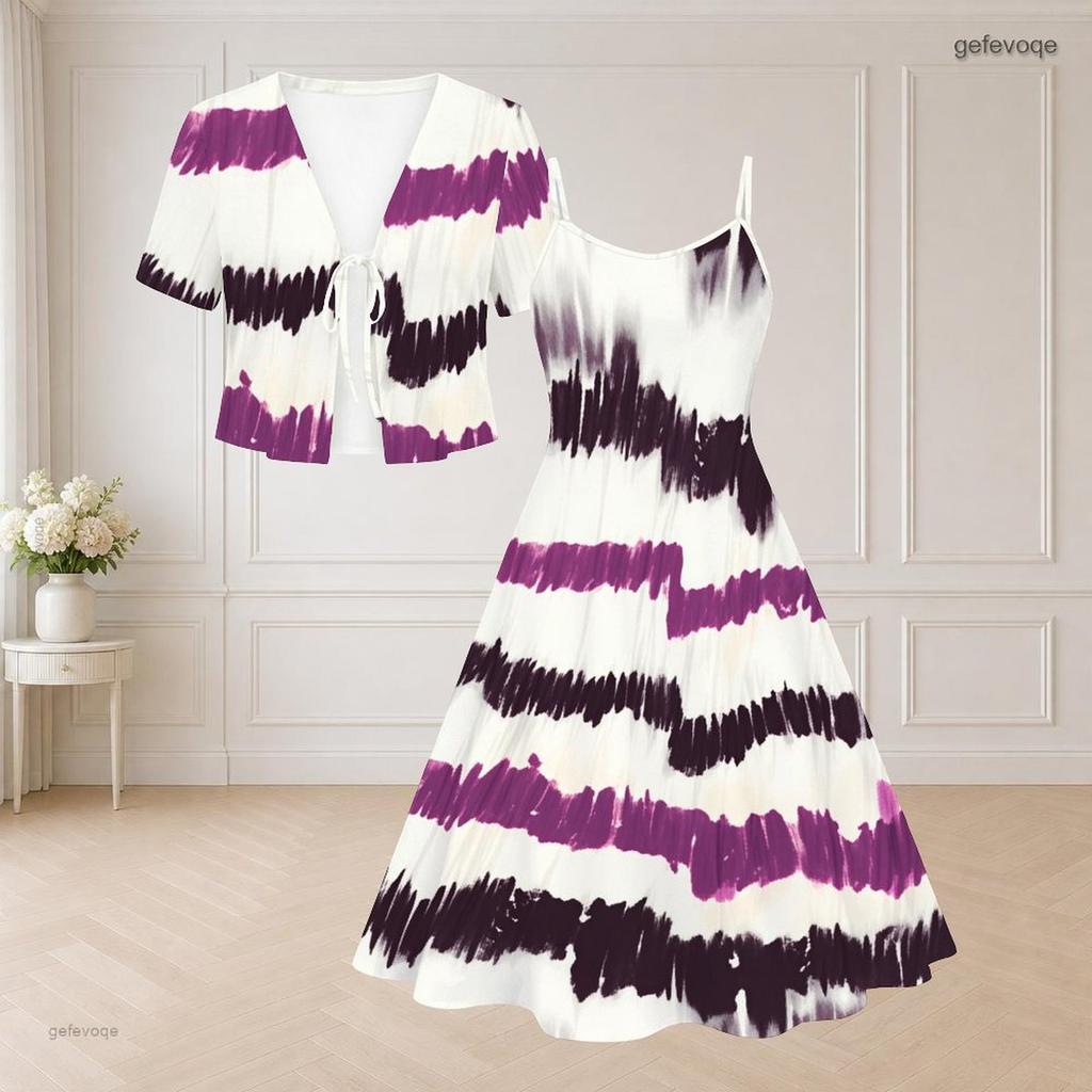 Women Plus Size Two Piece Dress Set Short Sleeve V Neck Tie Front Shrug Black White Printed Flared Dress