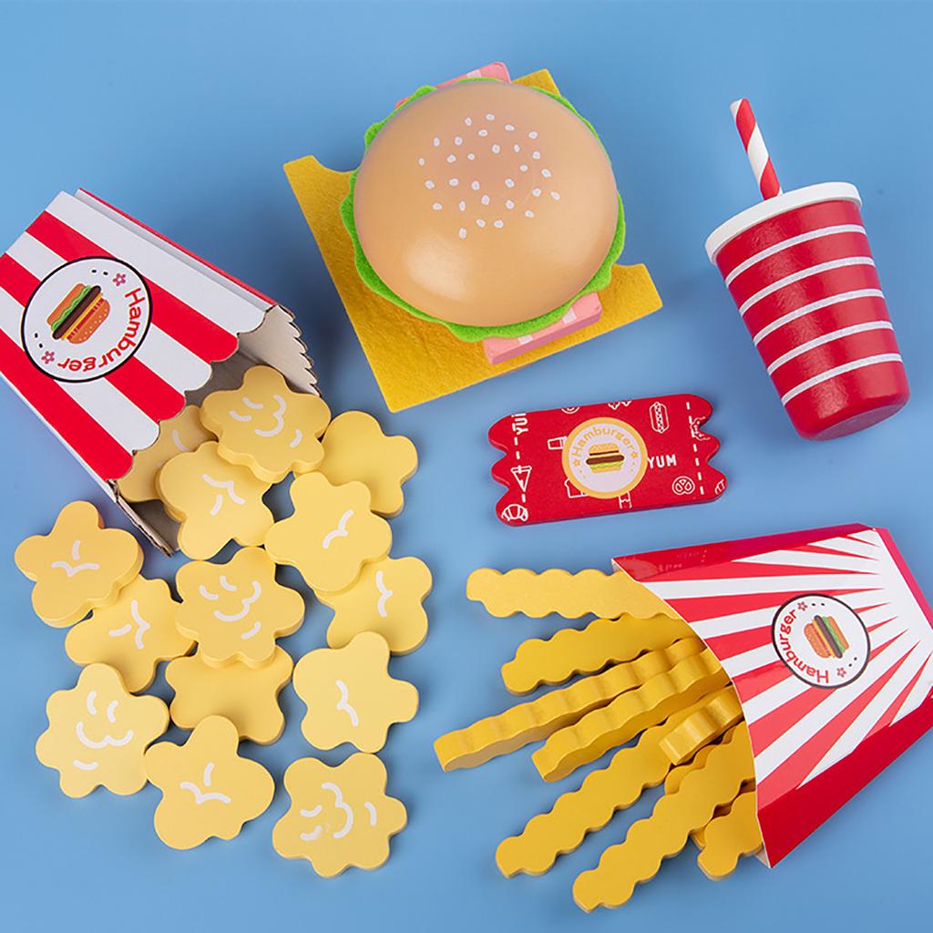 Children's Wooden Hamburger and French Fries Family Bucket Set, Combined with Simulated Kitchen, Family Food Gift Toys