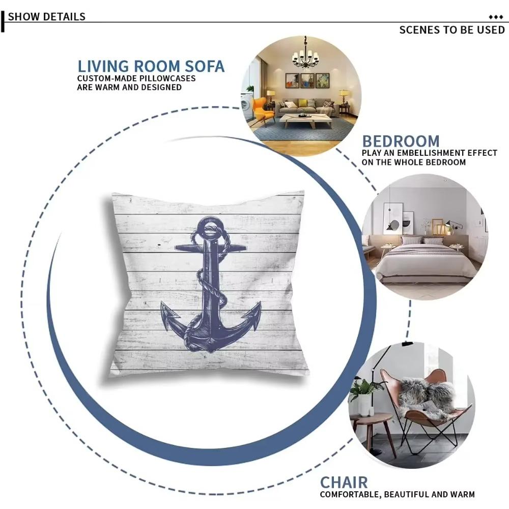 Nautical Throw Pillow Cover Set of  Navy Blue Anchor Cushion Covers Home Decorative Pillow Case for Sofa Couch Bed Office Car