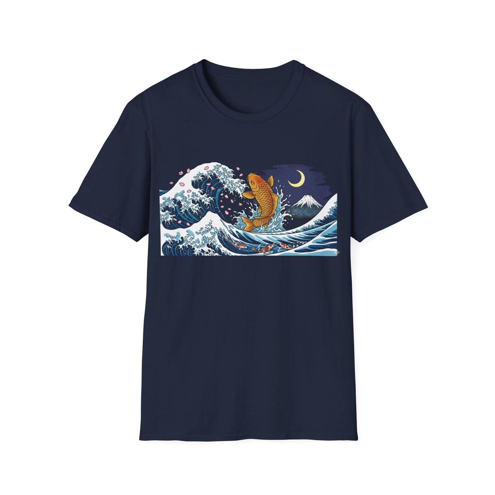 Great Wave Koi Fish Cherry Blossom Tee | Hokusai Mt Fuji Japanese Art Gift L