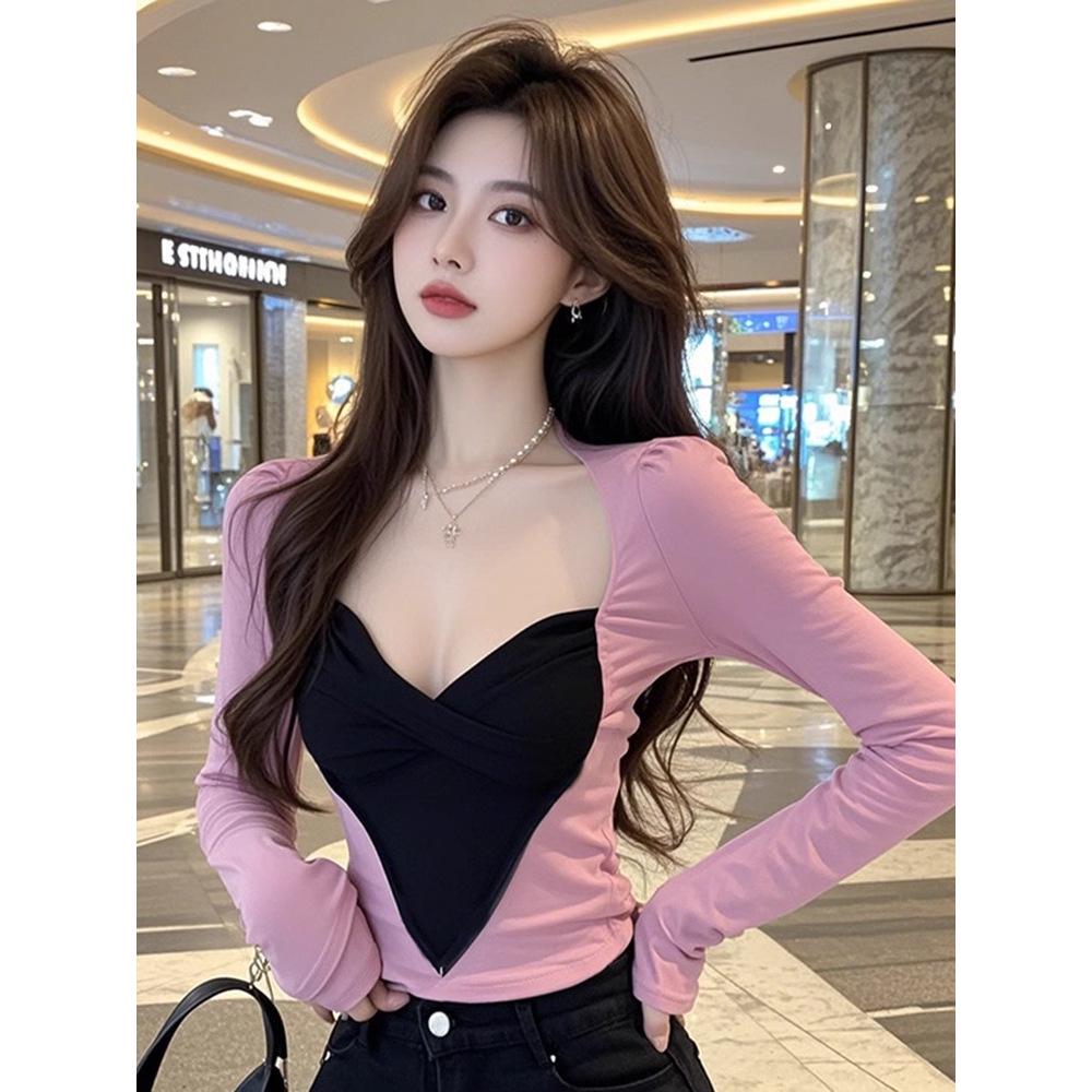 Women s V-Neck Patchwork Long Sleeve T-shirt, Korean Style, Slim Fit M розовый
