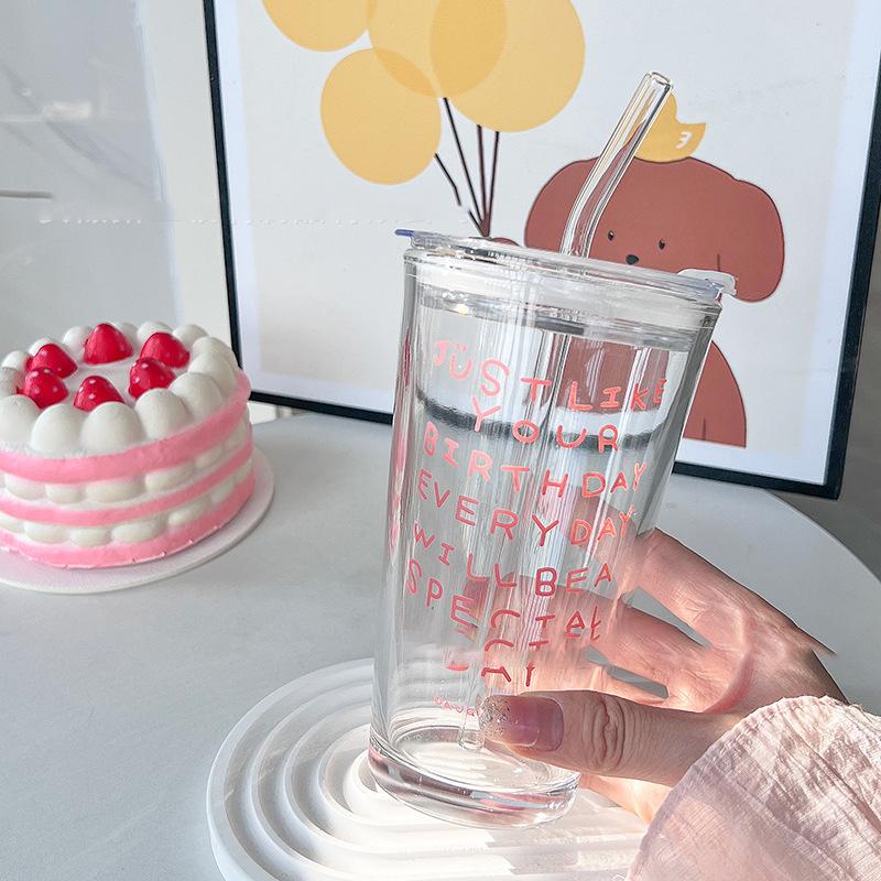 1Pcs Creative Letter Water Cup With Straw And Lid Water Cup Glass Cup Sport Mug Straw Water Cup Breakfast Cup Outdoor Tableware