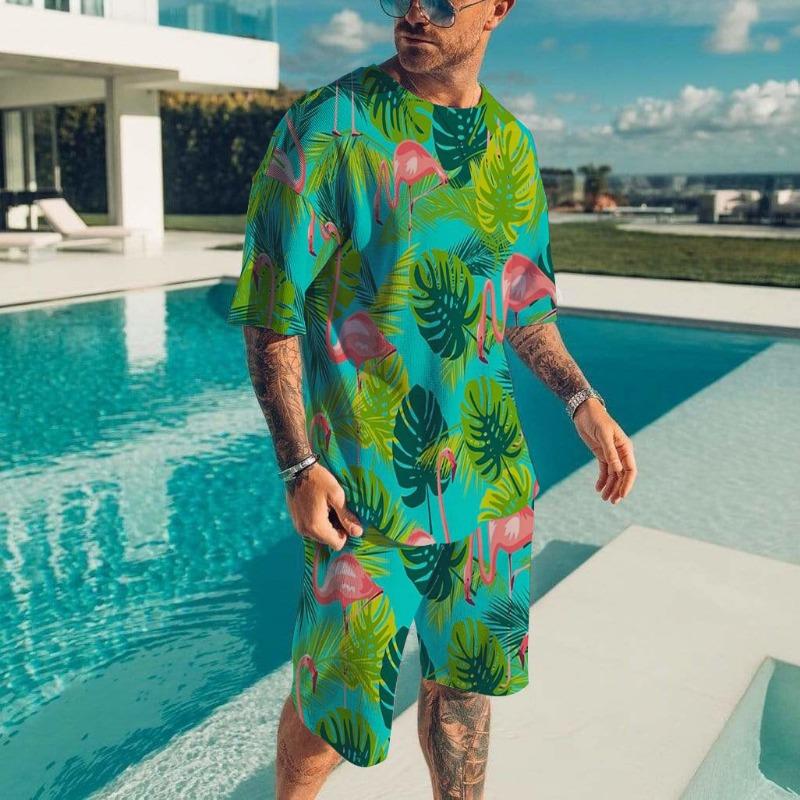 Men's Hawaiian Full Print Suit Casual T-shirt Beach Pants Suit