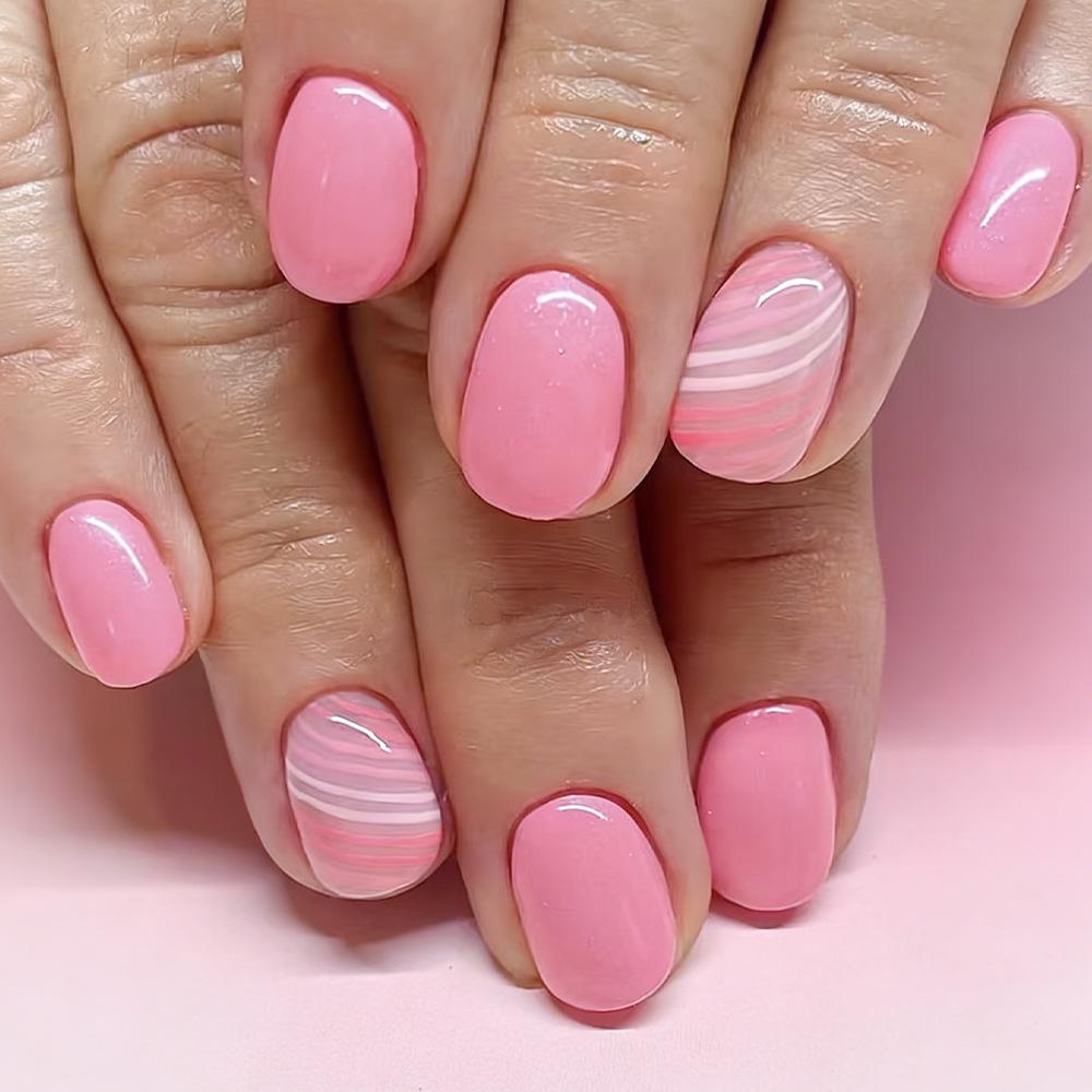 Spring/Summer 2026 Pink & White Striped Glossy False Nails - 24-Piece Set