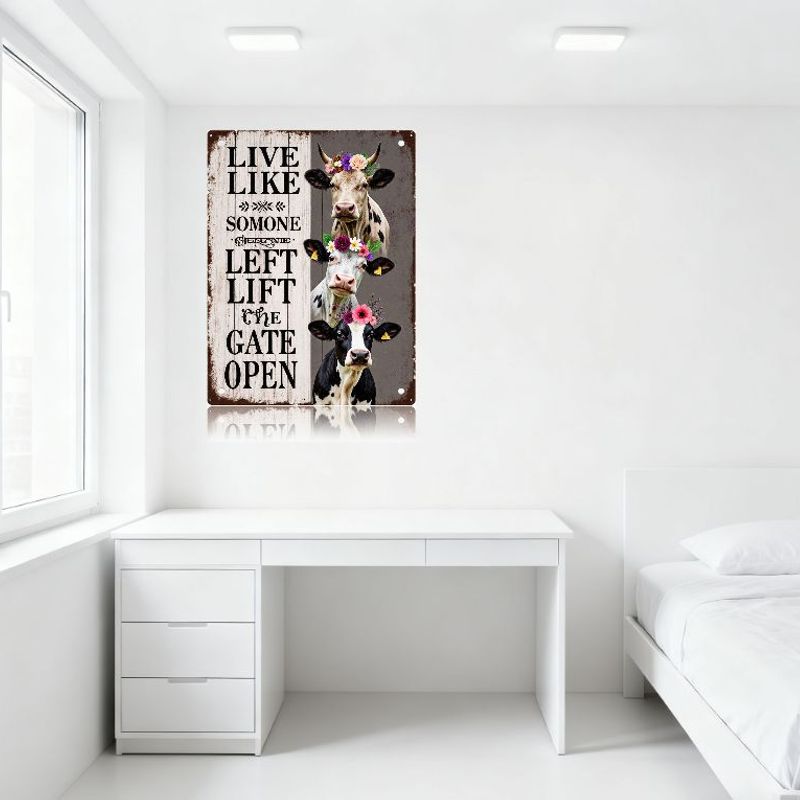 Rustic Farmhouse Metal Tin Sign 'LIVE LIKE SOMEONE LEFT THE GATE OPEN' with Flower Crown Cows Holstein Cow Sign Decor for Home O
