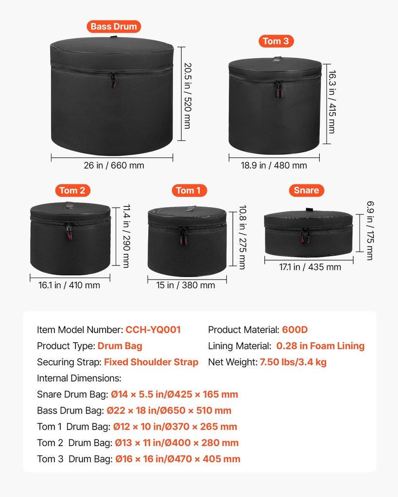 5-Piece Drum Case Set, 600D, Padded Drum Bags for Bass, Tom, and Snare, Thick Padding, Lightweight Protective Covers, Travel Storage Cases with