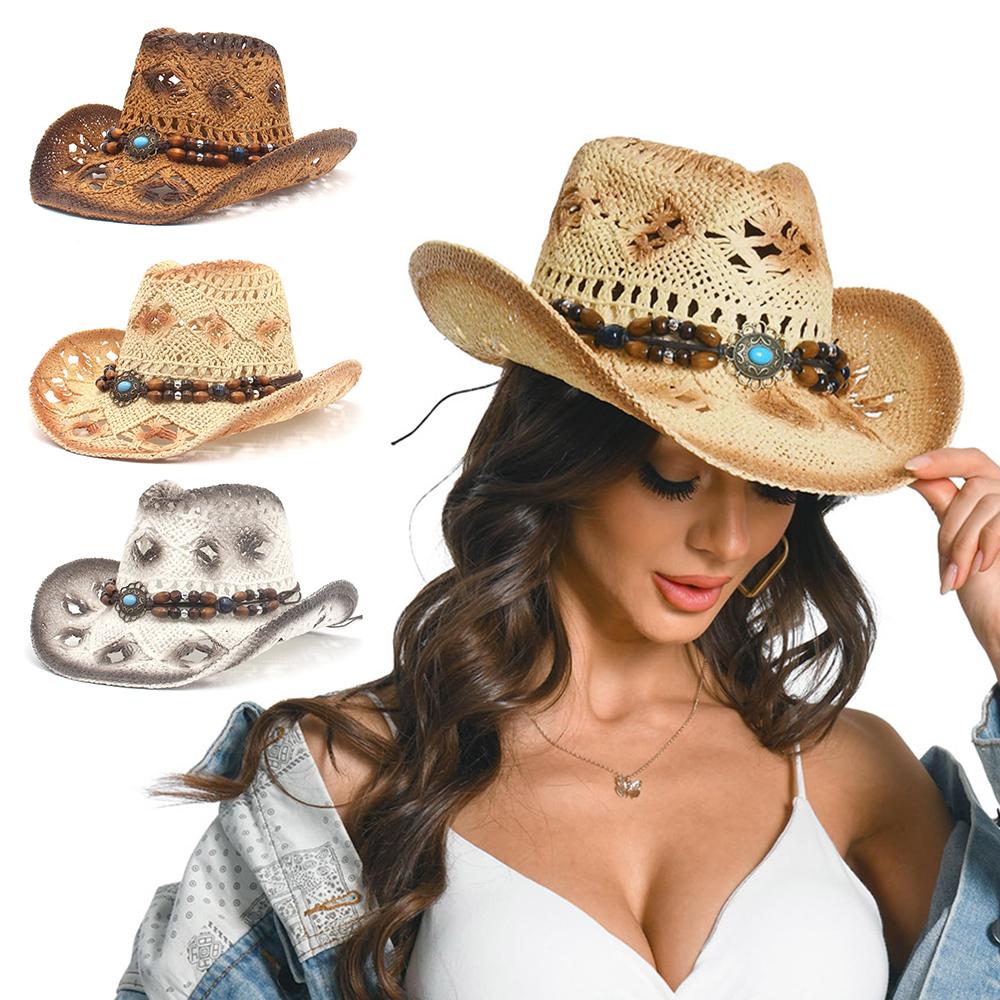 with Vintage Decorative Bands Beach Sun Hat Wide Brim Western Cowgirl Hat Cowboy Hat for Holiday