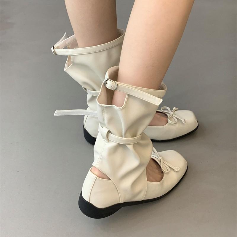 [Sheepskin version] Korean leather bow ballet stack boots female Mary Jane single shoes long boots high boots