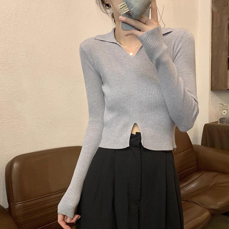 

Casual POLO collar split-ended white knitted sweater women s autumn and winter new slim-fit inner design short One Size сірий колір