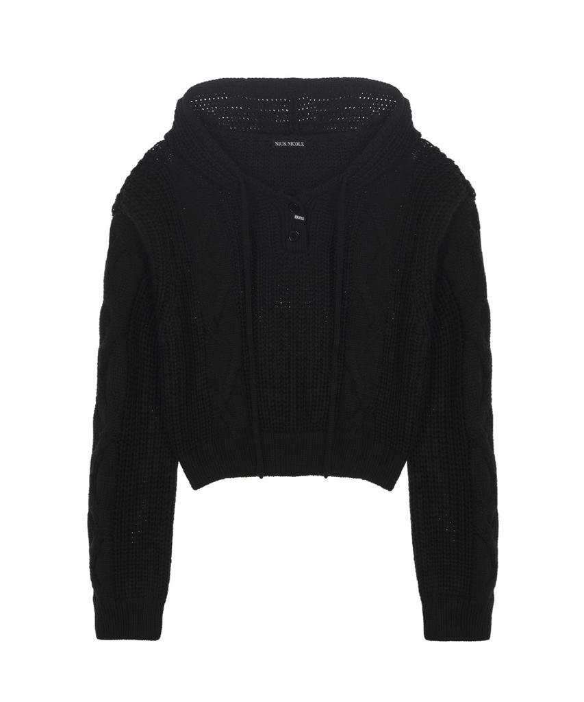 Nigaennikol Cozy Button Cable Hoodie Knit_Black