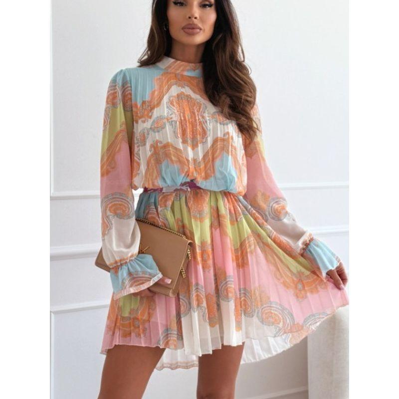 Autumn New Western Style Stand Collar Print Pleat Loose Slimming Temperament Long sleeve dress Short dress Women Dress