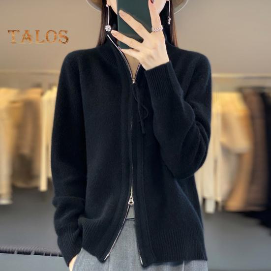 Women Knitted Sweater Coat High Collar Long Sleeve Double Zipper Placket Autumn Winter Solid Color Knitwear