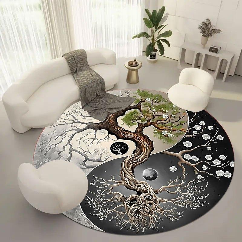 Bohemian Life Tree Design Flannel-printed round floor mats are slip-resistant Suitable for living bedroom terrace garden carpets