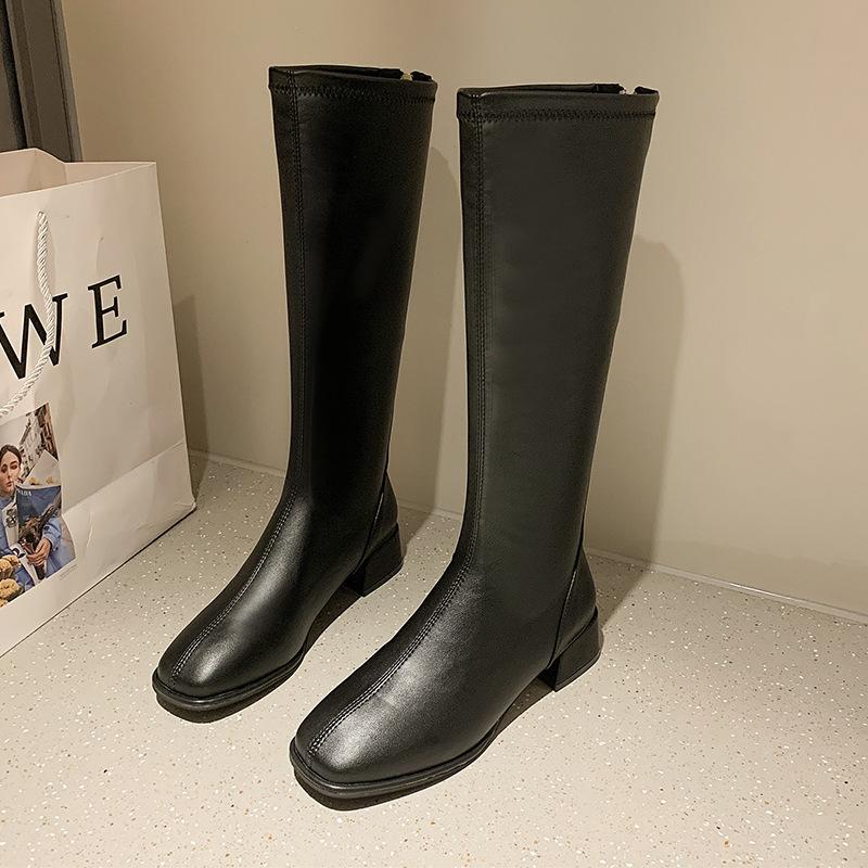 Autumn and winter new leather long boots rear zipper large size high boots thick heel low heel knight boots women