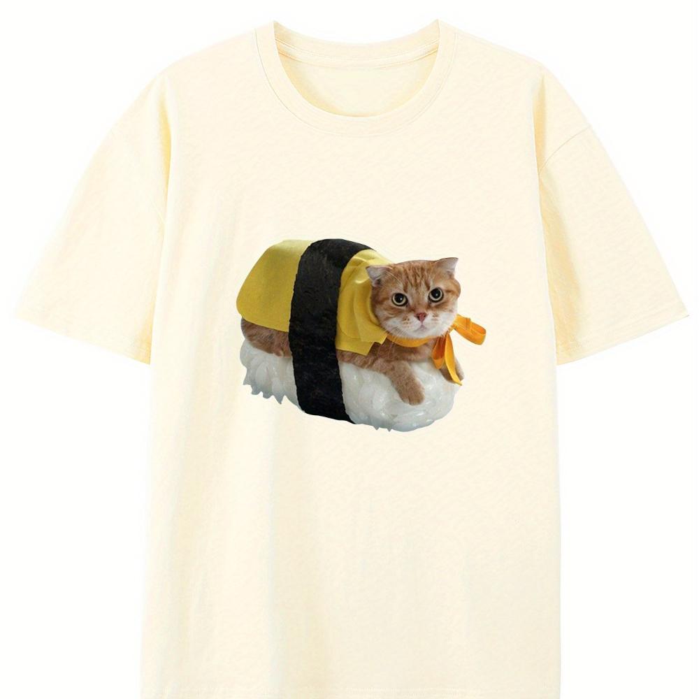Sushi Cat Creative Design Round Neck TShirt Pure Summer Trendy Short Sleeves Casual Everyday Style Top