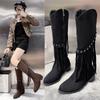 Fashion Sexy Long-thigh Boots 2025 New Pointed Toe Block Heel Maillard Fringe Mid-high Boots Children Spring and Autumn