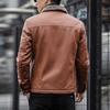Men Imitation Leather Jacket with Velvet Lining Lapel Long Sleeve Zipper Placket Solid Color Autumn Winter Coat