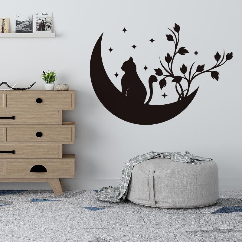 Black Moon Cat Wall Stickers Stars Home Bedroom Decor Peel and Stick Wall Art Removable Vinyl Decals for Room Beautification