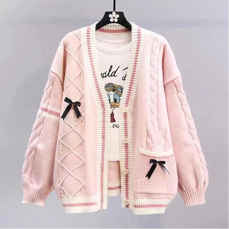 

2025 Autumn and Winter New Design Knitted Cardigan Japanese Sweet Bow Small Sweater Jacket Women One Size рожевий