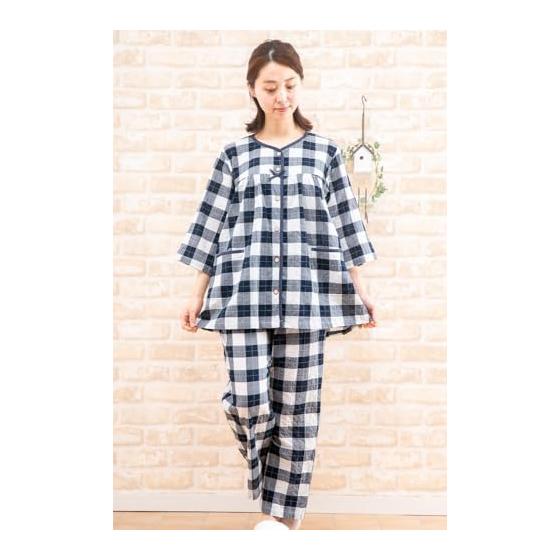 [K's Eye] Women's Pajamas, 100% Cotton, Skin-friendly, Light and Cool, Soft Cotton Check Summer, 3/4 Sleeves, 9/4 Pants, Open Front, Summer