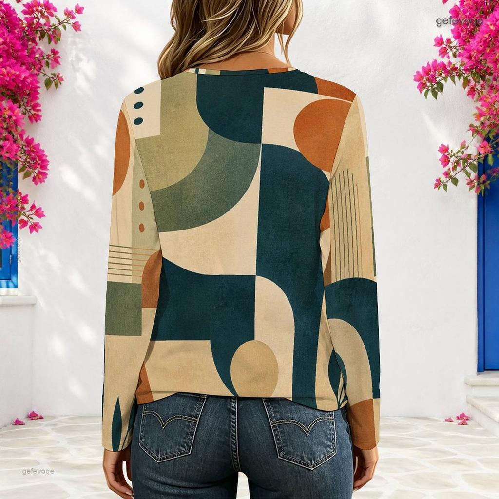 Women Plus Size V Neck Long Sleeve Abstract Printed Top Eyelet Chain Lace Up Detail