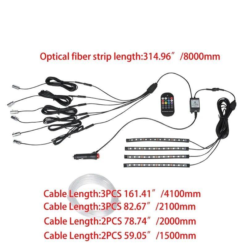 LED Car Opitcal Fiber Ambient Lighting Parts Auto 6/8 Meters Optical Fiber String RF Remote Atmosphere Lamp Decor