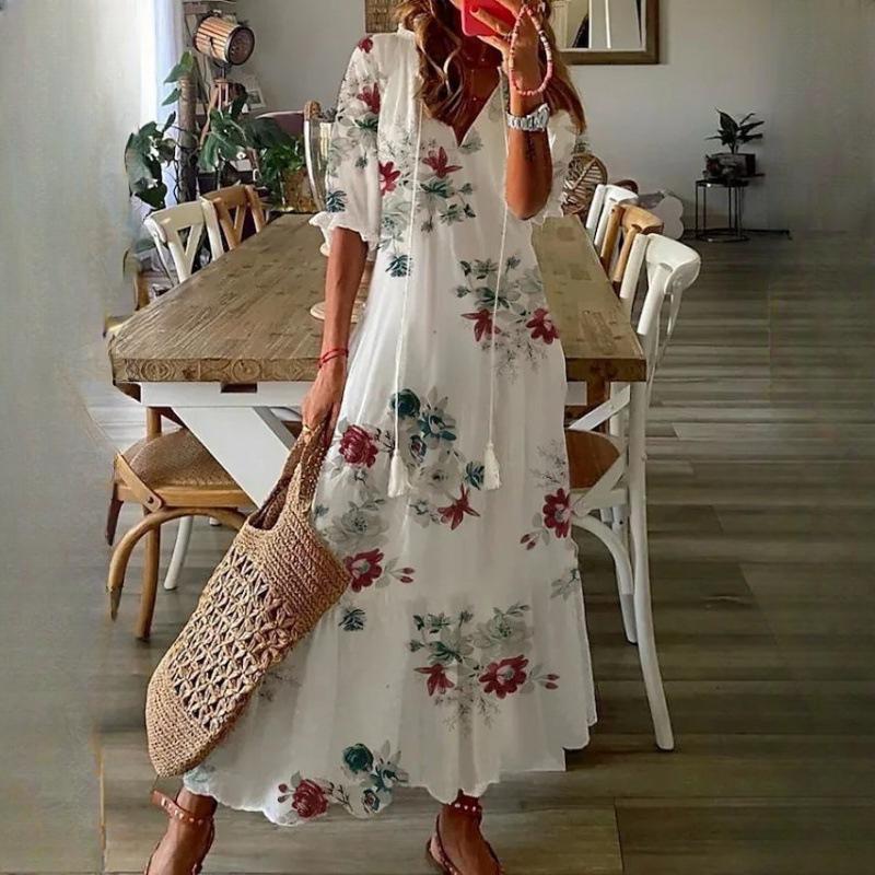 IHUASU Damen Casual Sweetheart Loose V-Ausschnitt Bedruckte Hosenträger Mittellange Ärmel Lange Kleider