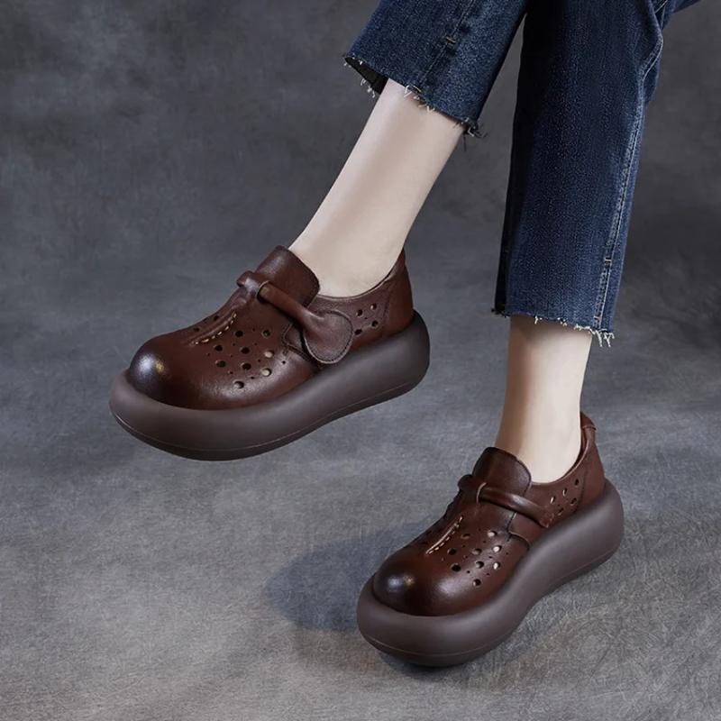 Johnature Dámské boty s dutou silnou podrážkou z pravé kůže s kulatou špičkou, dámské platformové sandály