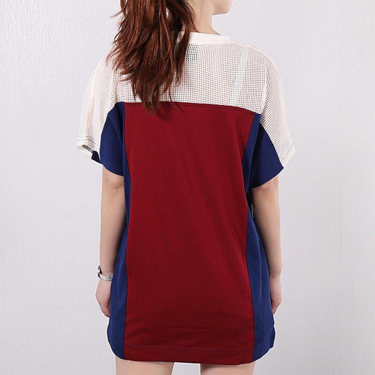 Nike Color Block Round Neck Loose Breathable Short Sleeve Dress Women Dresses Burgundy AR2405-677
