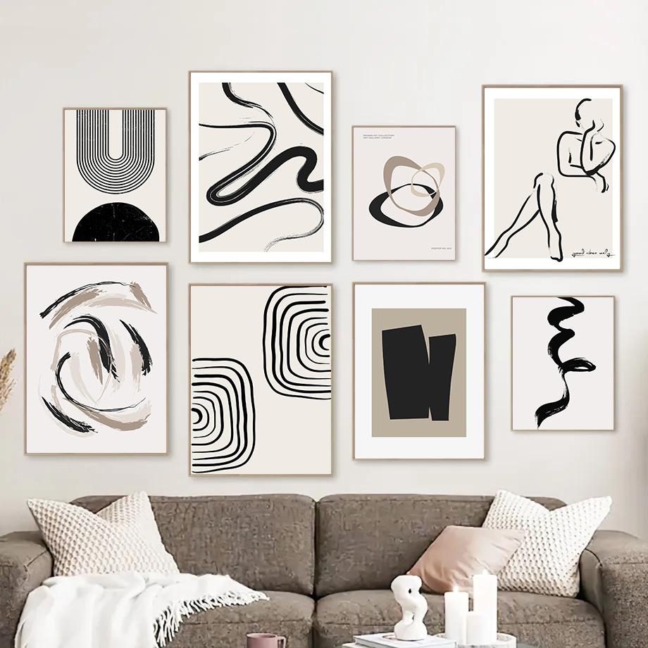 Nordic Bohemian Line Art Black Beige Minimalism Classic Retro Poster Canvas Paintings Wall Art Pictures Home Decor