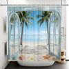 Coastal Vacation Shower Curtain Beach View Door Waterproof Bath Curtain For Bathroom Decor Palm Sailboat Polyester With Hooks