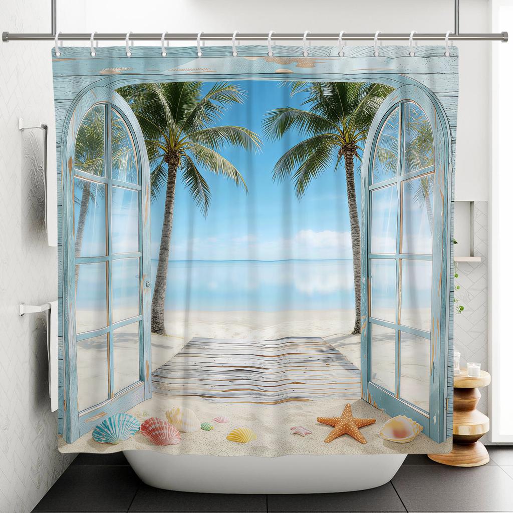Coastal Vacation Shower Curtain Beach View Door Waterproof Bath Curtain For Bathroom Decor Palm Sailboat Polyester With Hooks