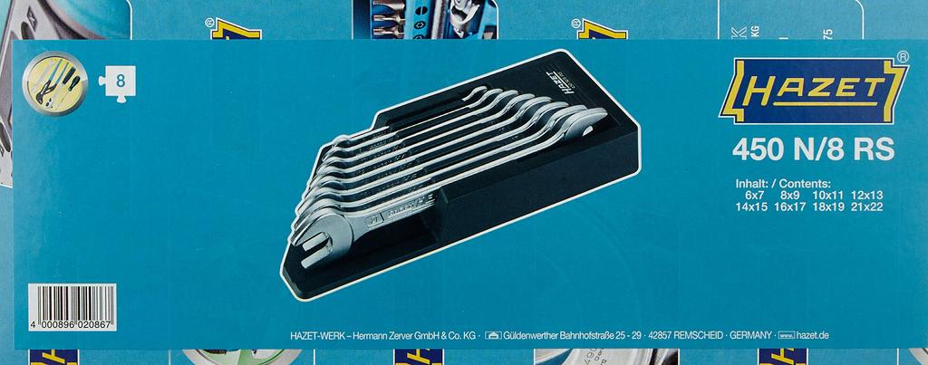 HAZET Wrench Set with with Plastic Automotive DIY Work Maintenance Made in Germany 450N/8RS Set, 8-Piece Double-Ended Wrenches, 6-22mm, Chrome-Plated