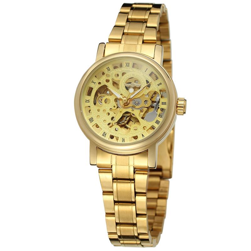 Winner Lady Auto Mechanical Watch Skeleton Dial Roman Numeral Steel Watchband Wristwatch