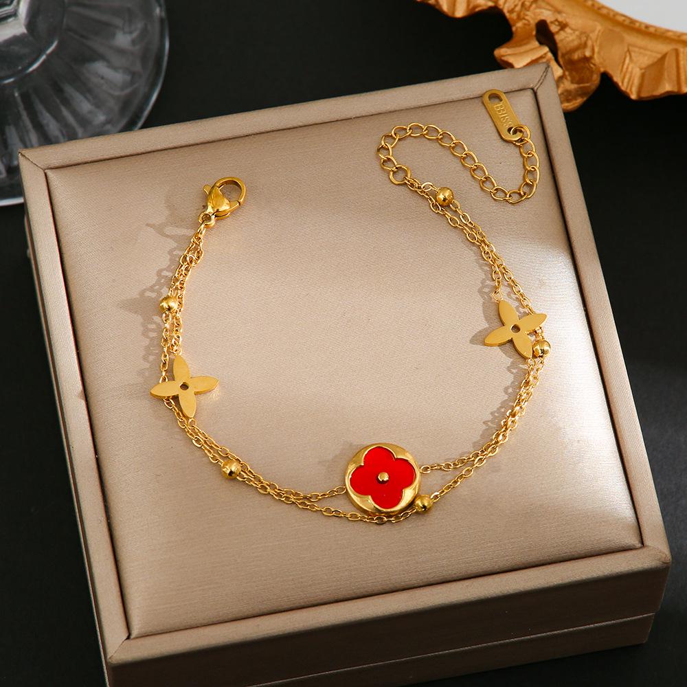 Luxe Titanium Staal Vierbladig Klaver Armband in Koreaanse Stijl met Ingelegde Diamanten voor Vrouwen - Kleurvast